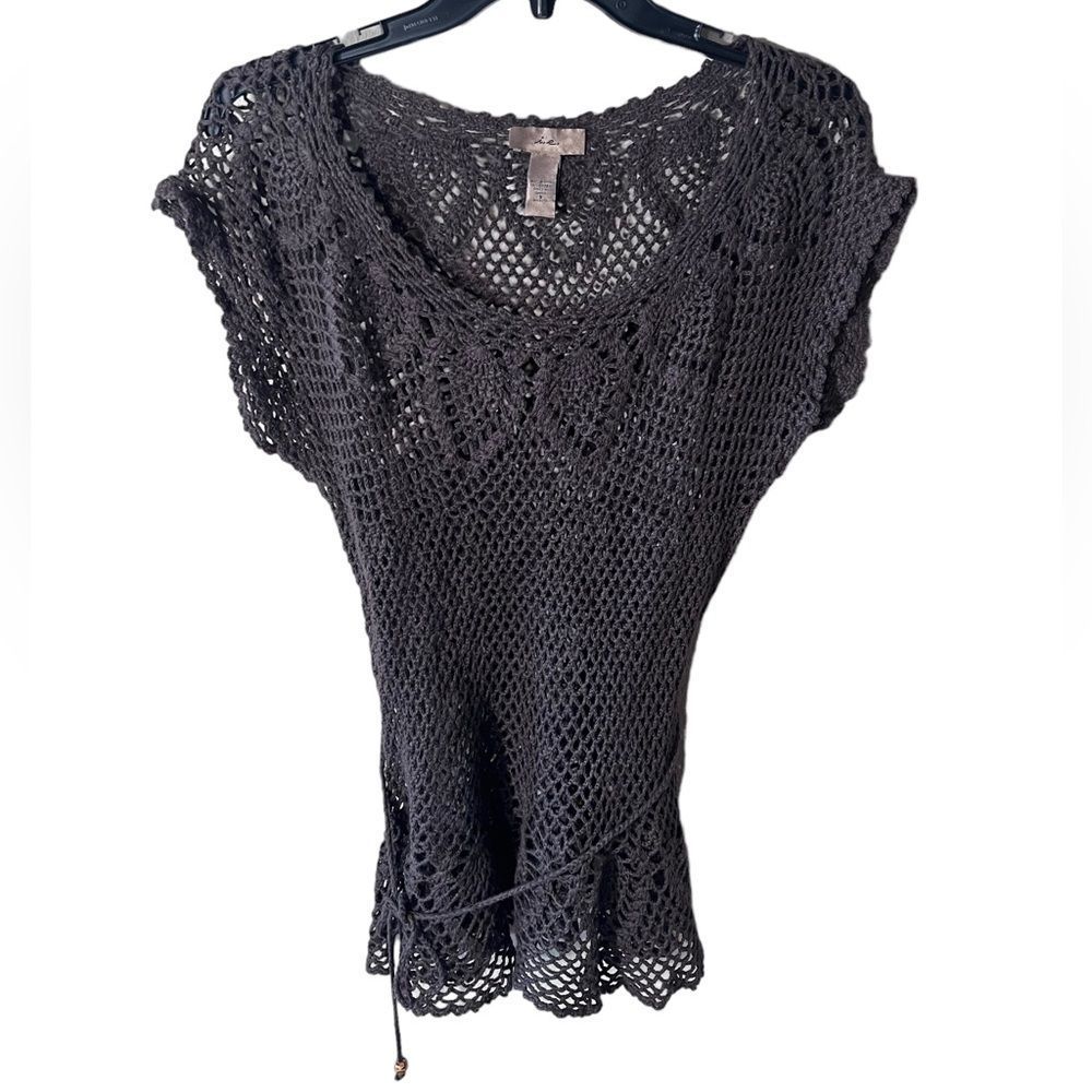 I.e Boho Crochet Knit Shirt Sweater  Brown Boho Beaded Tie Waist